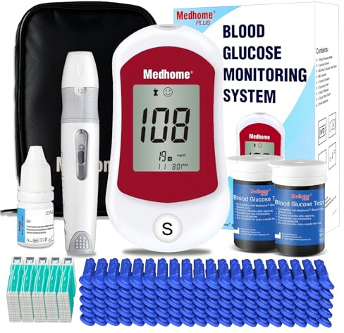 Medhome Blood Glucose Monitor Kit, Diabetes Testing with 100 Glucometer Strips,100 30G Lancets, 1 Lancing Device, 1 Blood Sugar Monitor with Control Solution, Large Menory Capacity, No Coding.