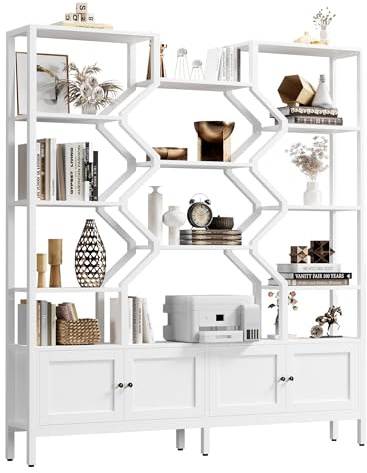 Keyluv Tall 5-Tier Bookshelf with 4 Large Storage Cabinet, 74.2 W x 76.5 H Etagere Bookcase 14 Open Display Standing Shelves with Metal Frame for Living Room, Dining Room, White