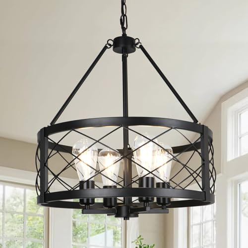 KMaiPem Modern Schwarz Hängelampe Esstisch, 4 Lichter Vintage Landhaus Kronleuchter, Höhenverstellbare Rustikal Bauernhaus Pendelleuchte Wohnzimmer Küche Flur