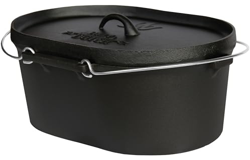 Dutch Oven Set Gusseisen 1,8L-13,6L – Feuertopf mit Deckelheber, Schmortopf mit & ohne Füße, Schlitz für Themormeter, inkl. Kochbuch – Perfekt für BBQ Indoor & Outdoor (ohne Füße, 9,3L - O4)