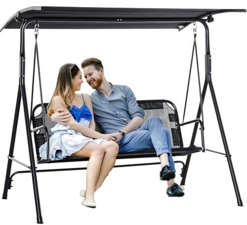 BAKAJI Dondolo Letto da Giardino 3 Posti con Tetto Parasole Regolabile, Struttura in Metallo e Seduta in Tessuto Traspirante con Imbottitura Ergonomica e Morbida, Ideale per Esterni, Patio (Nero)