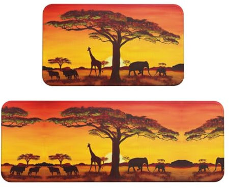 Bkdogkt Lot de 2 petits tapis de cuisine antidérapants et lavables Motif coucher de soleil africain
