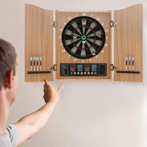 E Dartscheibe Elektronisch Profi Dartautomat, Wandmontage Klassische Dartboards mit Integrierter Anzeigetafel, faltbar Dartschrank, 12 Dartpfeilen & Ersatzspitzen, bis zu 16 Spieler