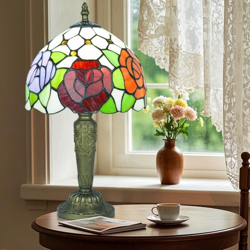 Ppbmocw Small Tiffany Style Lamp,Stained Glass Table Lamp for Living Room,Bedside,Reading,8 inch Vintage Mini Desk Light Included 3 Color Temperatures E27 Bulb (Three Roses)