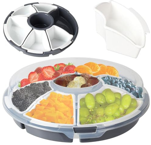 GEEZY Round Snack Tray with Lid, 33cm - 7 Compartments (6 Removable), BPA-Free, Dishwasher Safe, Click Lock Lid - Serving Platter for Snacks, Nuts, Dry Fruits, Dips, Chips, Candies