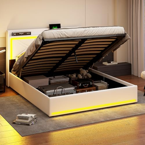 Polsterbett Doppelbett 160x200 cm, Hydraulisches Bett 160x200 mit Bettkasten und Lattenrost, Kopfteil mit LED und USB Ladestation, Stauraumbett Funktionsbett aus Massivholz und PU-Leder, ohne Matratze