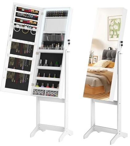 FIVMEN Armoire à bijoux avec miroir - Armoire de maquillage - Sur pied - Avec éclairage - Verrouillable - Rangement de bijoux - Organisateur de maquillage - 2 en 1 - Avec miroir sur pied - Blanc