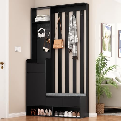 Set di guardaroba con scarpiera, set di guardaroba da ingresso con cassetti e ante, guardaroba compatto con appendiabiti, guardaroba con vano aperto, per ingresso, 100x35x180cm, nero (nero)