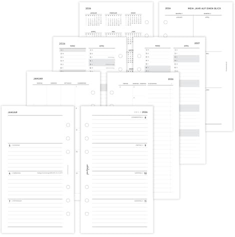 pen & pages® Kalender 2026 Zeilen liniert 1 Woche auf 2 Seiten Personal 9,5 x 17,1 cm Kalendereinlage für Ringbuch mit Monatsübersicht Jahresübersicht DACH Feiertagen 6 fach Lochung (All-in-One)