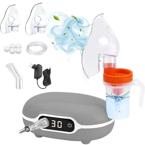 NEEMOSI Elektrisches Inhaliergerät mit Digitalanzeige,Kompressor Vernebler für Erwachsene Kinder Baby,Inhalationsgerät mit Maske&Mundstück,Tragbarer Inhalator gegen Asthma Husten Erkältung (Grau)