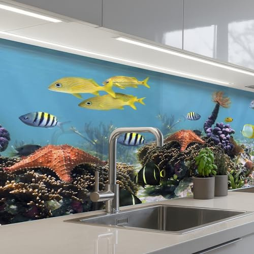 KitchenYeah© Küchenrückwand Selbstklebend Küchenspritzschutz Rückwand | 60x150 cm - Wandschutz Ohne Bohren Spritzschutz Wand Wandverkleidung Wasser - Korallen - Fische - Lichteinfall