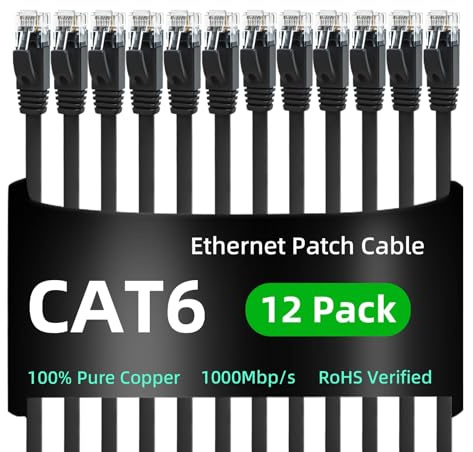 Yauhody Cable Ethernet Cat 6 de 2.5m 12piezas, Cable de Red Gigabit de Alta Velocidad, Cable de Conexión LAN para TV, Juegos y Router (Negro) | Cable de red de cobre puro de 1000 Mbps, flexible, conector RJ45 para Gigabit Internet, módem, router, PC, gaming