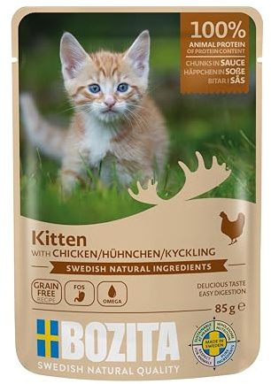 Bozita mit Hühnchen für Kitten ohne Getreide - kleine Häppchen in Sauce mit Omega 3 für Kitten - 12x85g Nassfutter im Portionsbeutel für Junior Katzen Aller Rassen