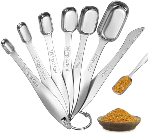 7 Stück U-Taste Messlöffel Edelstahl-18/8,Quadratisches Messlöffel Set Silber,Measuring Spoons mit Nivellierer für trockene oder flüssige Zutaten, Kochen Backen, passt in Gewürzgläser