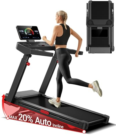 Treadmills for Home with 20% Auto Incline, 14KM/H Foldable Treadmill with Handles, Running Machine for Heavy People, 180KG Weight Capacity, Large Running Belt and Intelligent LED Touch Screen