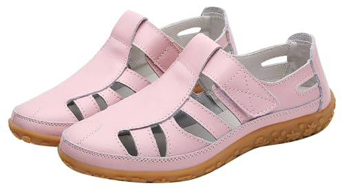 Lädersandaler för kvinnor stängd tå vadderade sandaler för kvinnor damer utomhus promenadskor vardag ihåliga sommarskor mode semester strand platta skor, Rosa, 40.5 EU Bred