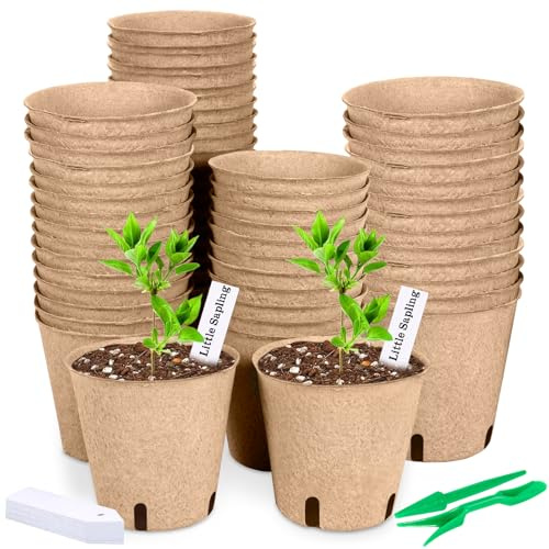 NXPZ 50 Pezzi Vasetti per Piantine Biodegradabili, 8 cm Vasi Rotondi per Semina con Fori di Drenaggio, con 50 Etichette per Piante e 2 Strumenti, per Semi, Fiori, Frutta e Verdura