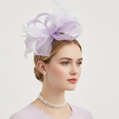 Women Fascinator Ribbon Flower Feather Headwear with Headband & Clip for Wedding Party Prom (One Size,Lilac)
