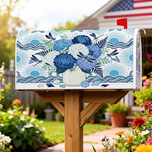 Hortensien, magnetische Briefkastenabdeckungen, Küstenblumen, Libellen, Wellen, Sommer, Blau, Briefkasten-Schutz für Garten, Terrasse, Dekoration, 53,3 x 65,5 cm