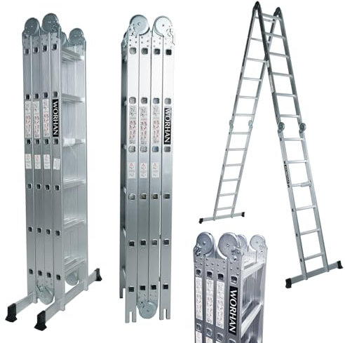 WORHAN 6.7m Escalera Multiuso Multifuncional Plegable 670cm Tijera Bisagra Grande Aluminio con 2 Estabilizadores Nueva Generación Calidad Alta KS6.7