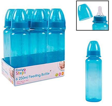 Pack of 6 Baby Bottles Silicone Teat Blue 250ml Set BPA Free Re-usable Plastic