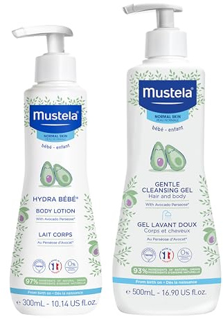 Mustela Baby Bath Time Gift Set - Baby Skin Care Essentials with Natural Avocado - Contains Hydra Bebe Body Lotion 10.14 fl. oz. & Gentle Cleansing Gel 16.9 fl. oz. - 2 Items Set