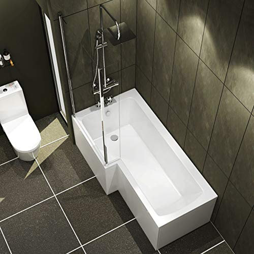 Qubix 1700 x 850mm Left Hand L-Shaped Shower Bath Bathtub with Glass Shower Screen Compact Bathroom Solution