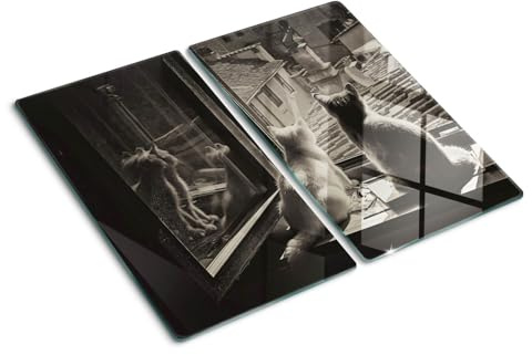 Schneidebretter Glas 2x30x52 cm Antibakteriell 2 Stück Glasplatte für die Küche Rutschfest Silikonfüße Dekorativ Plastikfrei Gehärtetes Glas Hitzebeständig Lebensmittelecht - Katzen am Fenster