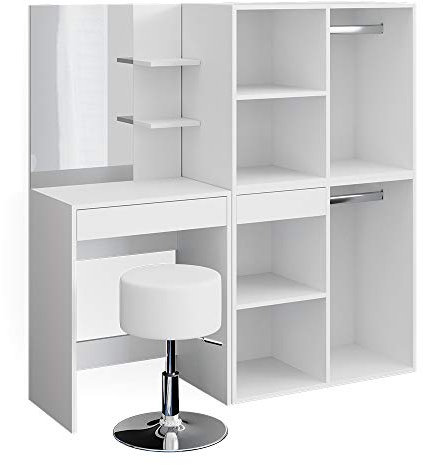 Vicco Schminktisch Isabelle, Weiß, 140 cm mit Hocker und Schrank, Platzsparend und funktional zugleich