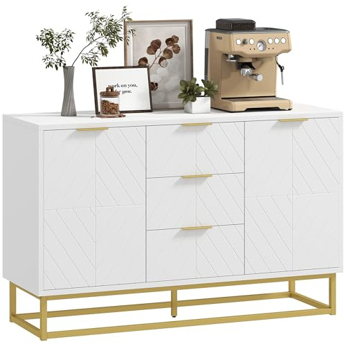 HOMCOM Aparador Moderno Aparador para Salón con 3 Cajones 2 Puertas y Estante Ajustable Mueble Auxiliar para Salón Cocina Antivuelco 120x40x76 cm Blanco