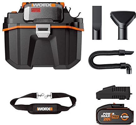 WORX 18V(20V MAX) Cordless Shop Vacuum WX031 Portable Wet/Dry Vacuum Cleaner, 8L Dust Capacity, 16 Kpa Strong Suction, PowerShare, 1 * 4.0Ah Battery, 1 * 2A Charger