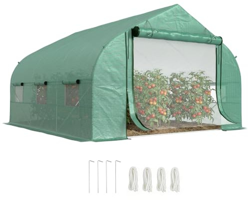 Outsunny Tunnel-Gewächshaus Groß 3.5 x 3 x 2 m - 6 Fenster und Reißverschlusstür - Verzinkter Stahl PE Hohe Dichte Grün