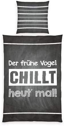 Herding Sprüche Bettwäsche, Kopfkissenbezug ca. 80x80 cm, Bettbezug ca. 135x200 cm, mit leichtläufigem Markenreißverschluss, 100% Baumwolle, Renforcé, Grey, White