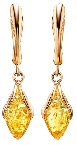 Örhängen bärnsten droppar i roséguld förgyllt sterlingsilver 925, färg – gul citron, hängande örhängen roséguld bärnsten, sommar 2021 kollektion, Small, Amber Silver Roséguld, Bärnsten