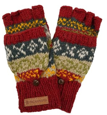 Dam ull fingerlösa handske vantar handstickade Fair Isle flerfärgad en storlek handgjord extra varm Pachamama Fair Trade, Rost, en storlek
