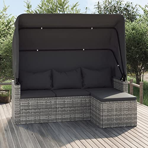 Homgoday Gartensofa mit Faltbares Sonnendach und Fußhocker Gartensofa Lounge 3-Sitzer Gartenbank Gartenmöbel Sonnenliege Couch Gartenliege Grau Poly Rattan