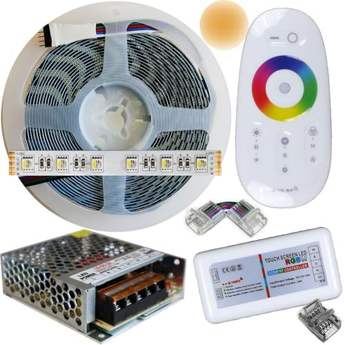 Mondo Strisce Led: RGB+Bianco Caldo 4in1 24V. Kit da 5 Metri con 1 Trasformatore da 60W e 1 Controller 2,4Ghz. Con 300 Led RGB+WW sviluppa 2500+2500 Lumen. Striscia RGBW Ip20