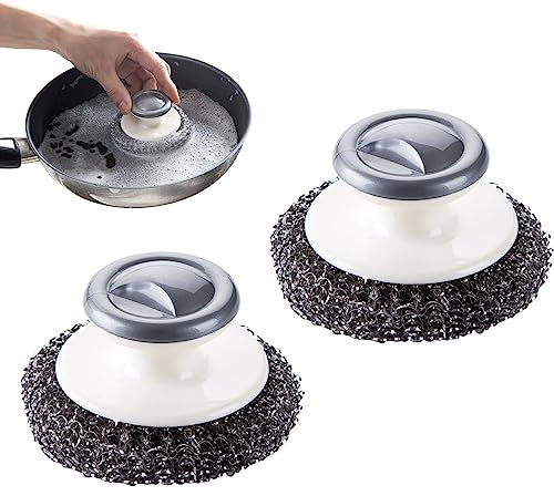 2 Stück Edelstahl-Wollschrubber mit Griff, robuste Topfschrubber, Geschirrschrubber, Reinigungsbürste zum Reinigen von Geschirr, Metallschrubber für Töpfe, Pfannen, Grills, Spüle (grau)
