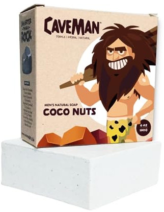 SMARTER THAN A ROCK Caveman Men's Natural Soap - COCO NUTS (180g): Moisturizing, Exfoliating, & Refreshing Bar Soap with Virgin Coconut Oil, Centella Asiatica Extract, and Coconut Essence