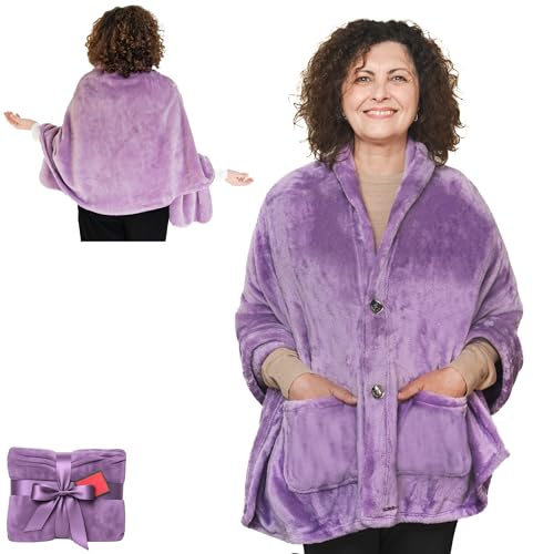 EzrAllora Fleece Poncho Blanket - Drape&Go No Sleeves- Lightweight Wrap Shawl - Wearable Blanket - Easy On Easy Off (Fleece - Velvet Lavender)