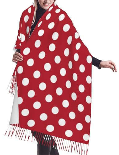 GrAtka Schal, rot gepunktet, weiße Punkte, Unisex-Schal mit Fransen, groß, warm, weich, Kaschmir-Gefühl, Schals, Wickeltücher, 196 x 68 cm