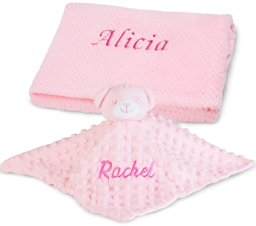 Personalised Baby Blanket & Bear Comforter Bundle - Embroidered Newborn Essentials, Personalised Blanket with Teddy Bear Comforter, Soft Customised Blanket for New Born Baby Essentials, Unisex (Pink)