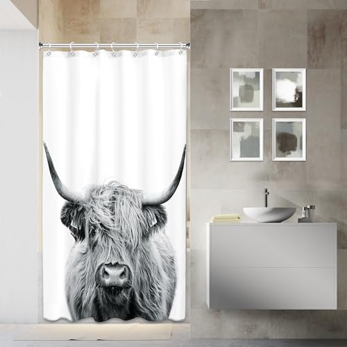 AMBZEK Cortina de Ducha pequeña de Vaca de Las Tierras Altas de 36 Pulgadas de Ancho x 72 Pulgadas de Largo, Toro Occidental, Media Caravana, Granja, Ganado, Campo, Tela de Arte Divertida, Tela de
