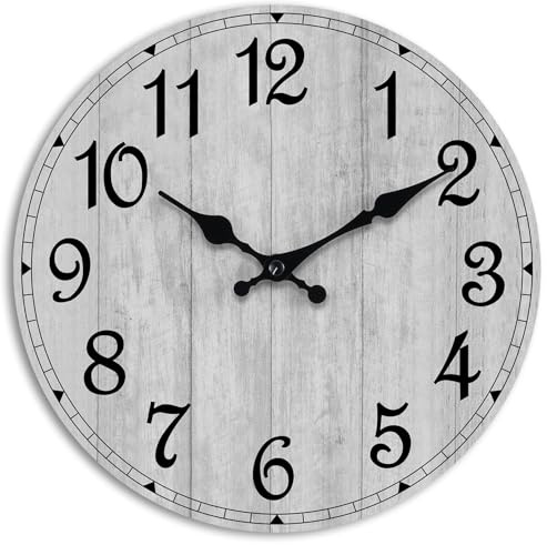 HYLANDA Wall Clock, Rustic Wall Clocks Battery Operated Silent Non Ticking, Country Round Wooden Clocks Farmhous Wall Decorative for Kitchen, Bathroom, Living Room (Gray 8 Inch)