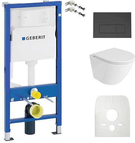 Duofix - Elemento básico de pared + lavabo profundo para inodoro Sofi One blanco sin bordes + placa de control Delta 25 | Botón negro | Juego completo | cisterna empotrada | inodoro completo