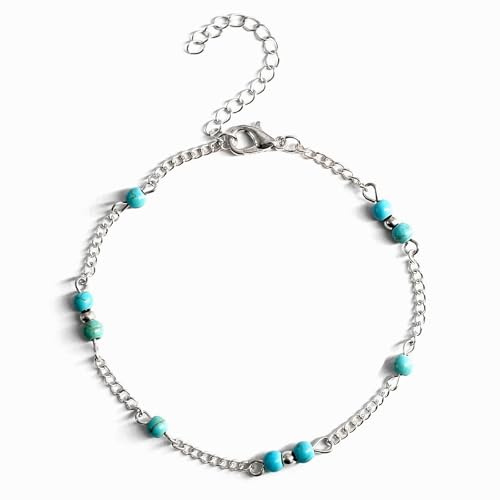 Faruodis Türkis Fußkettchen Armband Boho Perlen Fußkettchen Minimalistischer perlenbesetzter Strand Fußkette Verstellbarer Schmuck für Frauen Damen (Silber)