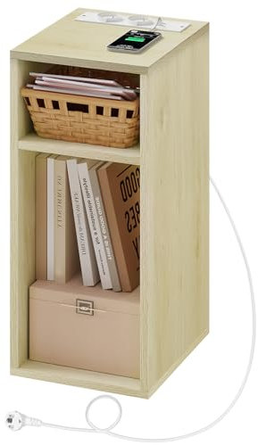 WOLTU Nachttisch mit Ladefunktion, schmaler Kleiner Beistelltisch mit 2 Steckdosen 2 USB-Anschlüssen 2 offenen Fächer, Couchtisch mit Stauraum, 25x60x30 cm, für Schlafzimmer, Hell Eiche, NTS06hei