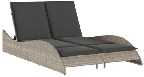 Makastle Gartenliege 2 Personen Sonnenliege Doppelliege Wetterfest Verstellbar Rückenlehne Polyrattan Liegestuhl Garten Relaxliege, Hellgrau 114x205x73 cm