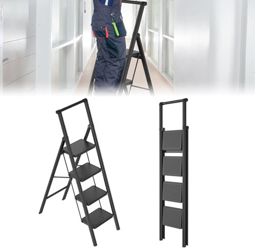 UISEBRT Scala a 4 gradini pieghevole con corrimano, scala domestica, gradini antiscivolo, portata fino a 250 kg, scala per casa, ufficio, cucina, colore nero