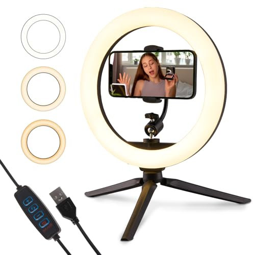 LED Desk Makeup Ring Light with Tripod Stand & Phone Holder for Live Streaming & Video,Photography, makeup light Shooting with 3 Light Modes & 10 Brightness Level, Black